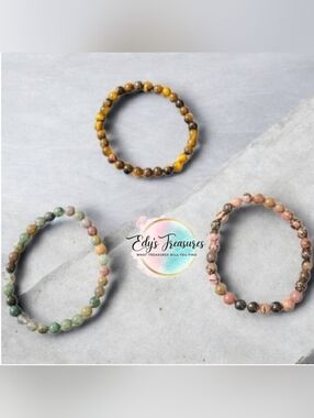 Set Of 3 6mm Crystal Bracelet Set – Tiger Eye, Indian Agate & Rhodonite NEW